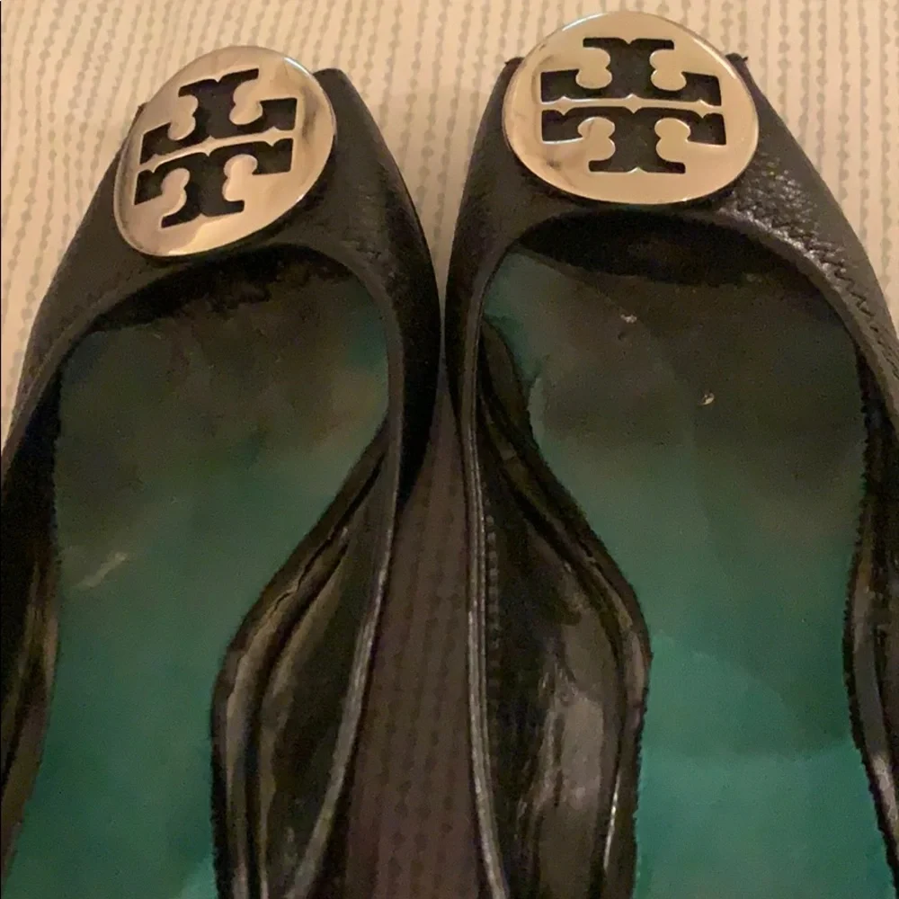 Tory Burch Black Wedge Peep-Toe with Gold Logo